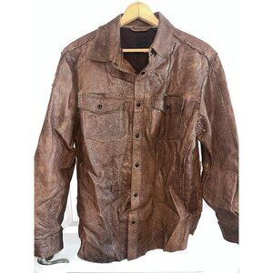 Y2k Mens Soft Brown Leather Jacket Button Up Western Elbow Patches Fringe Trim M